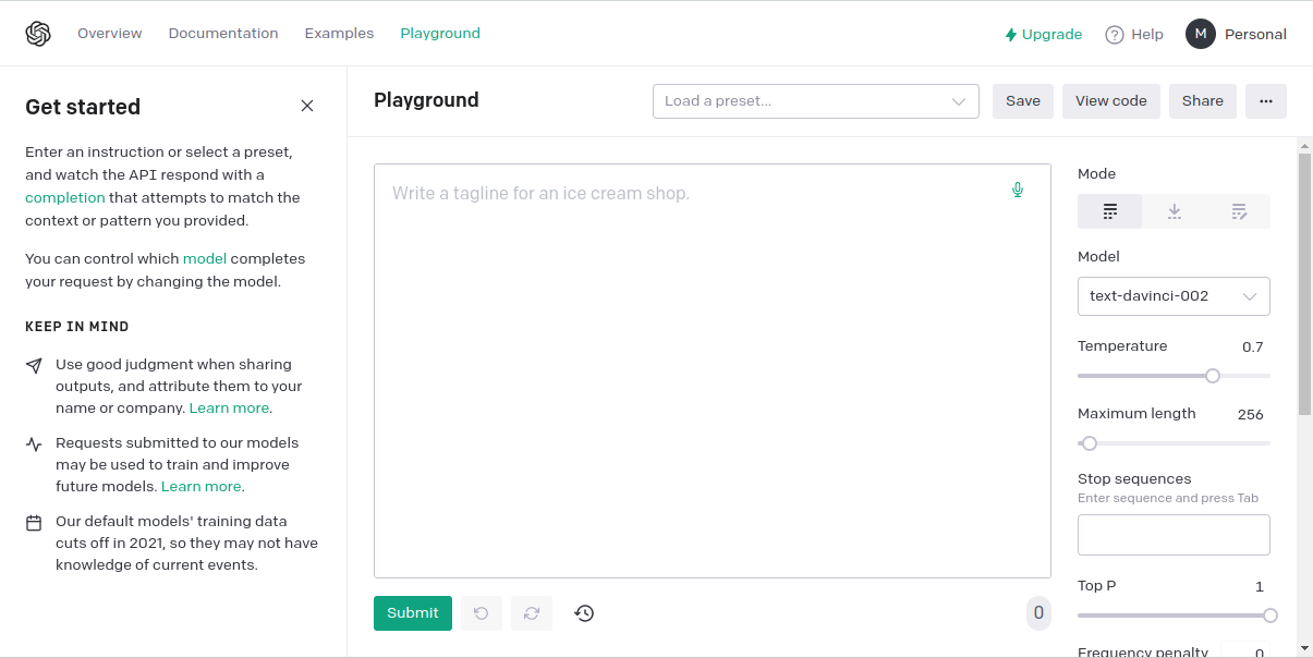 Screenshot of the OpenAI playground